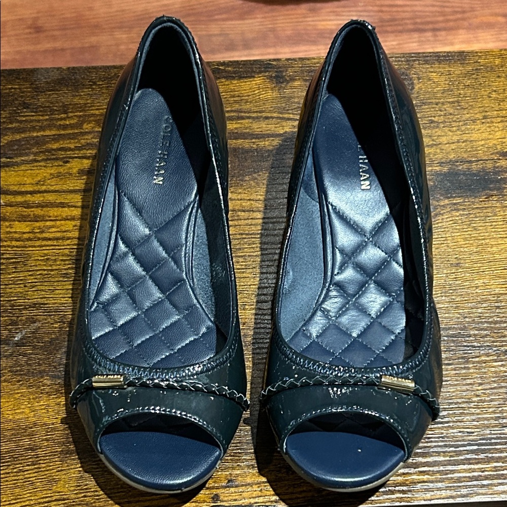 Cole Haan Navy Patent Peep-Toe Heels with Gold Accent size 5.5M